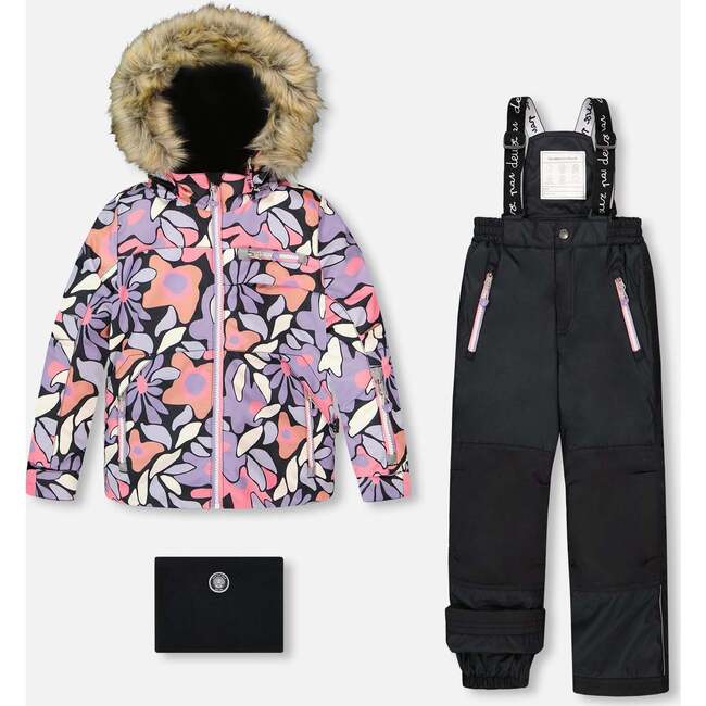 Two-Piece Play Snowsuit with Allover Print Jacket and Solid Pant, Black