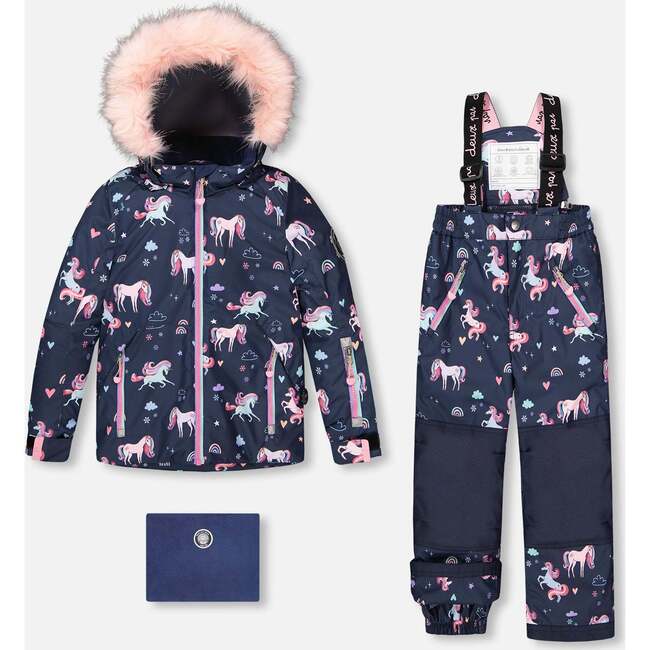 Two-Piece Play Snowsuit, Navy Unicorn Print
