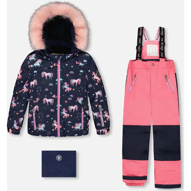 Two-Piece Play Snowsuit with Printed Jacket and Solid Pant, Candy Pink