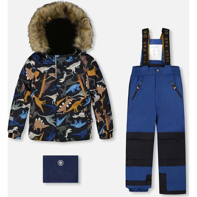 Two-Piece Play Snowsuit with Printed Dinosaurs Jacket, Navy Blue