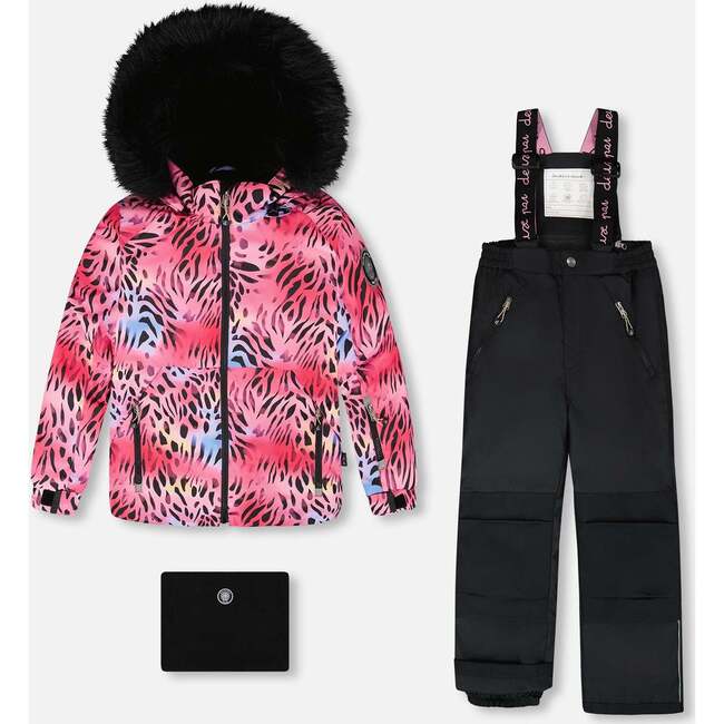 Two-Piece Play Snowsuit with Multicolor Print Jacket and Solid Pant, Black