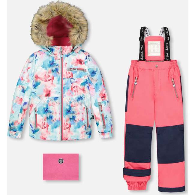 Two-Piece Play Snowsuit with Printed Jacket, Flash Coral