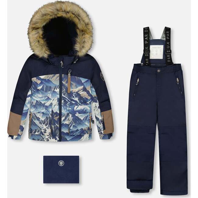 Two-Piece Play Snowsuit with Printed Colorblocked Jacket, Navy Blue