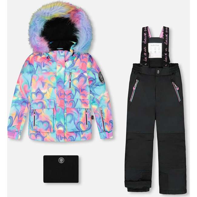Two-Piece Play Snowsuit with Multicolor Print Jacket, Black