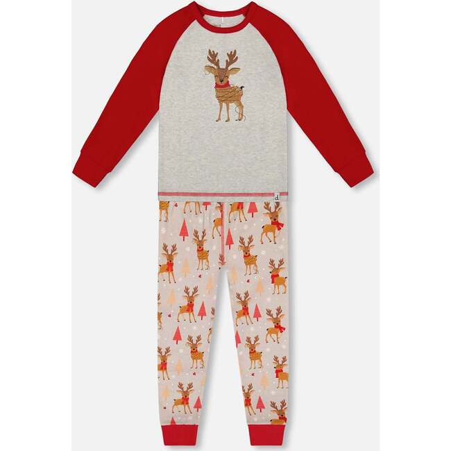 Two-Piece Organic Cotton Pajama Set, Beige Reindeer Print