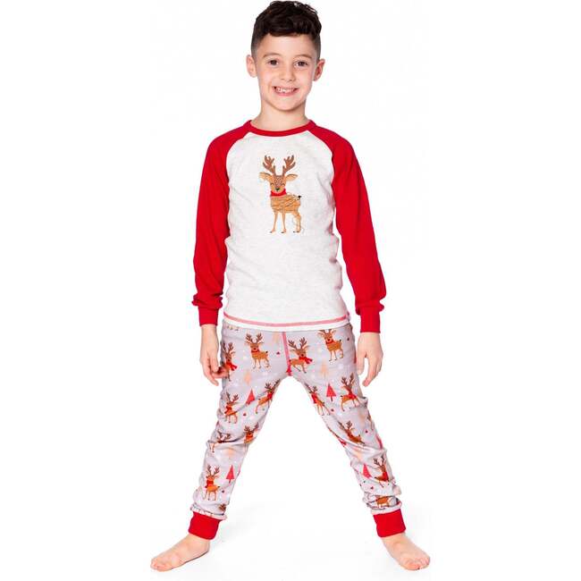 Two-Piece Organic Cotton Pajama Set, Beige Reindeer Print - Pajamas - 2