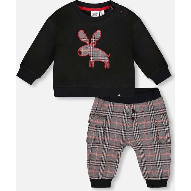 Sweater and Cargo Pants Set with Moose Applique, Black