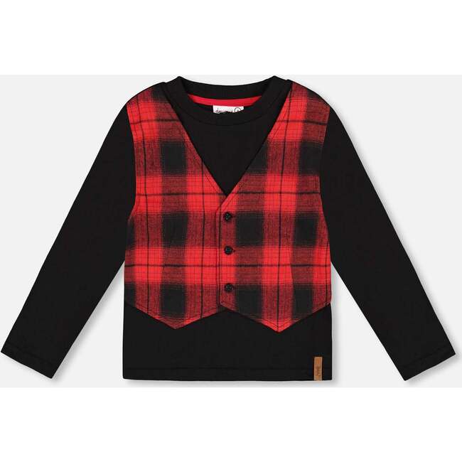 T-Shirt with Plaid Vest Red and Black, Red & Black Plaid