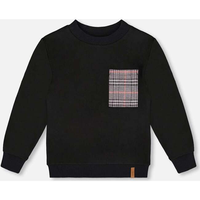 Super Soft Brushed Jersey Long Sleeve Top with Plaid Pocket, Black