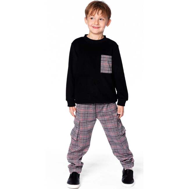 Super Soft Brushed Jersey Long Sleeve Top with Plaid Pocket, Black - Sweatshirts - 2