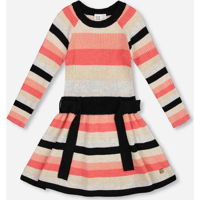Striped Knit Dress Beige Black and Pink, Beige, Black and Pink