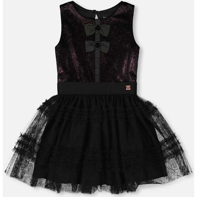 Sleeveless Bi-Material Velour and Mesh Dress, Black