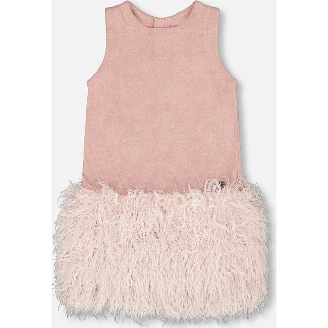Sleeveless Bi-Material Lurex Dress with Feathers, Light Pink