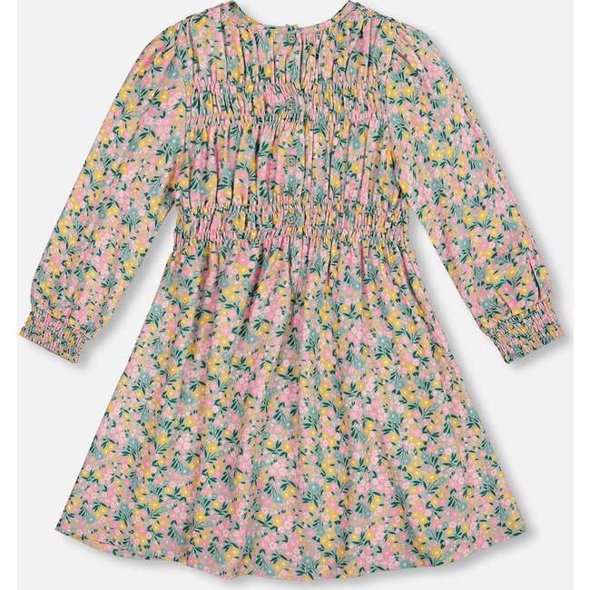 Smocked Viscose Dress Green with Floral Print, Green Flower Print