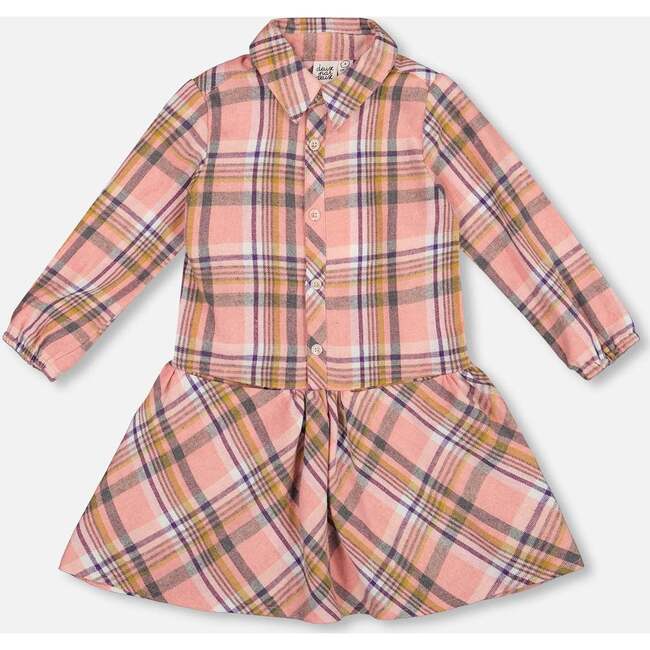 Shirt Plaid Dress with Frill, Pink, Yellow and Gray