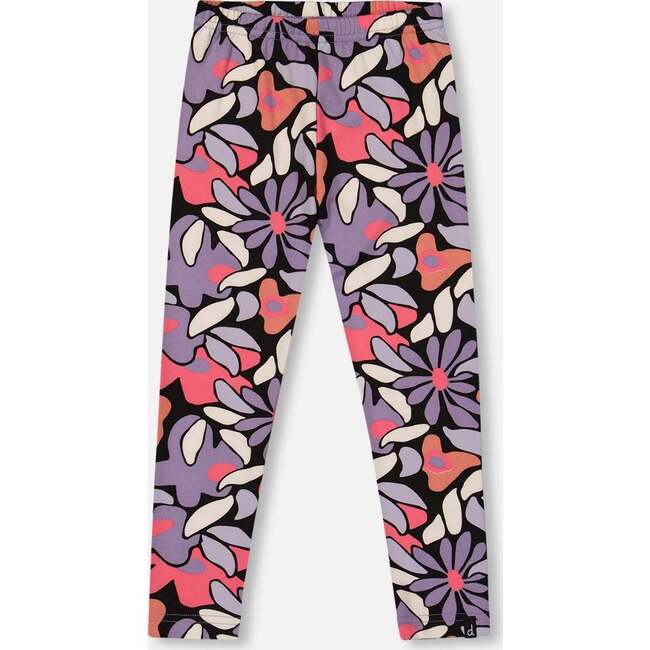 Stretch Jersey Leggings, Black Retro Flower Print