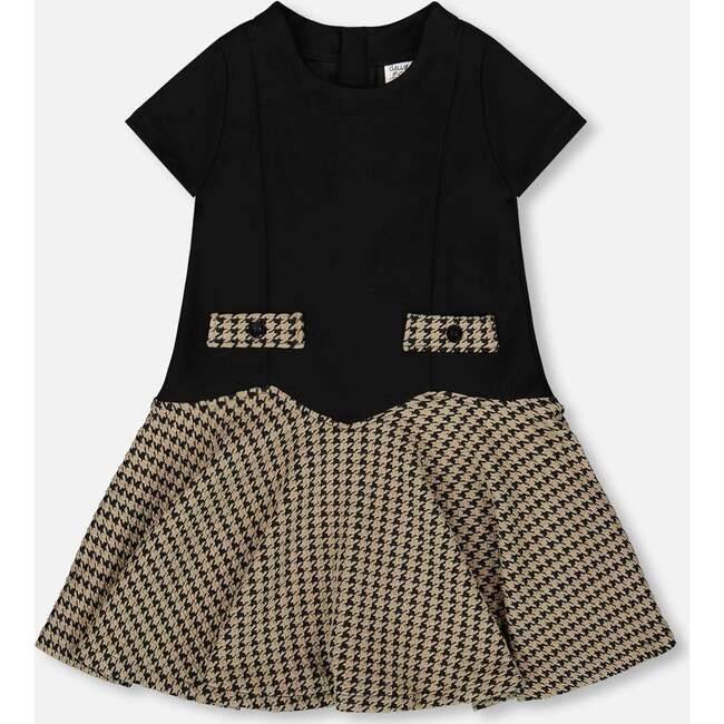 Short Sleeve Bi-Material Milano and Jacquard Knit Dress, Black