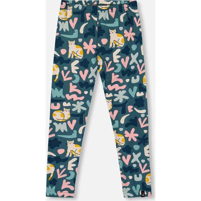 Stretch Jersey Leggings, Green Cat Print