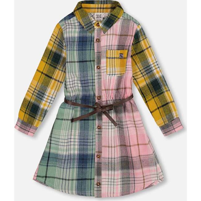 Shirt Dress with Belt Green Pink and Yellow, Green, Pink and Yellow