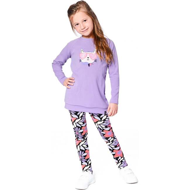 Stretch Jersey Leggings, Black Retro Flower Print - Leggings - 2