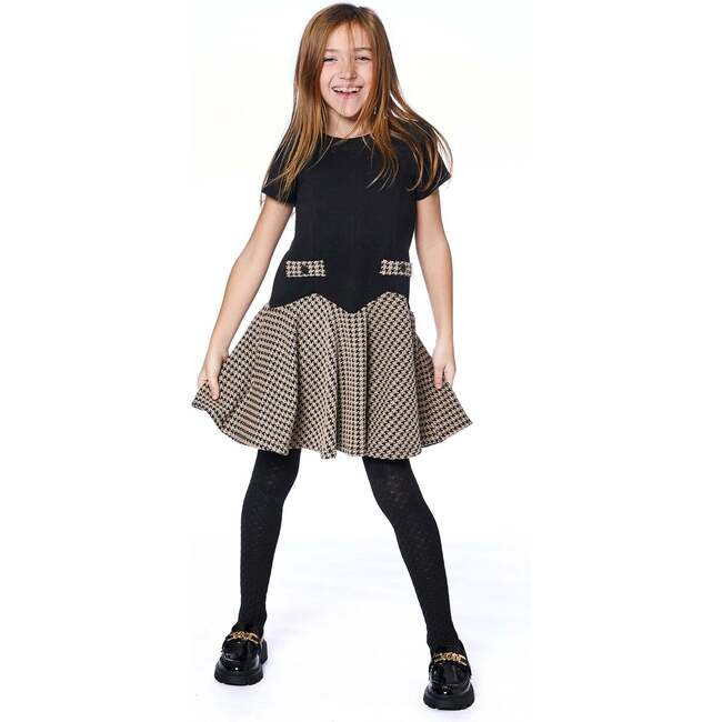 Short Sleeve Bi-Material Milano and Jacquard Knit Dress, Black - Dresses - 2