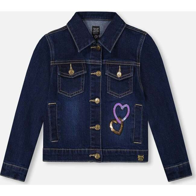 Stretch Denim Jacket Dark Blue with Glittery Hearts and Unicorn, Blue Denim