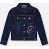 Stretch Denim Jacket Dark Blue with Glittery Hearts and Unicorn, Blue Denim - Jackets - 1 - thumbnail