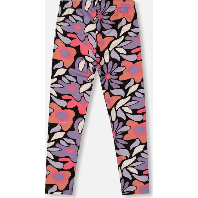 Stretch Jersey Leggings, Black Retro Flower Print - Leggings - 3