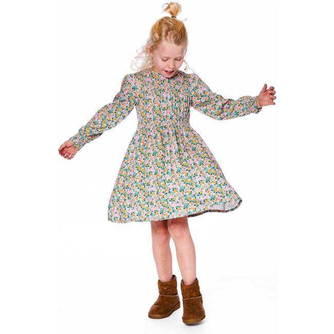 Smocked Viscose Dress Green with Floral Print, Green Flower Print - Dresses - 3