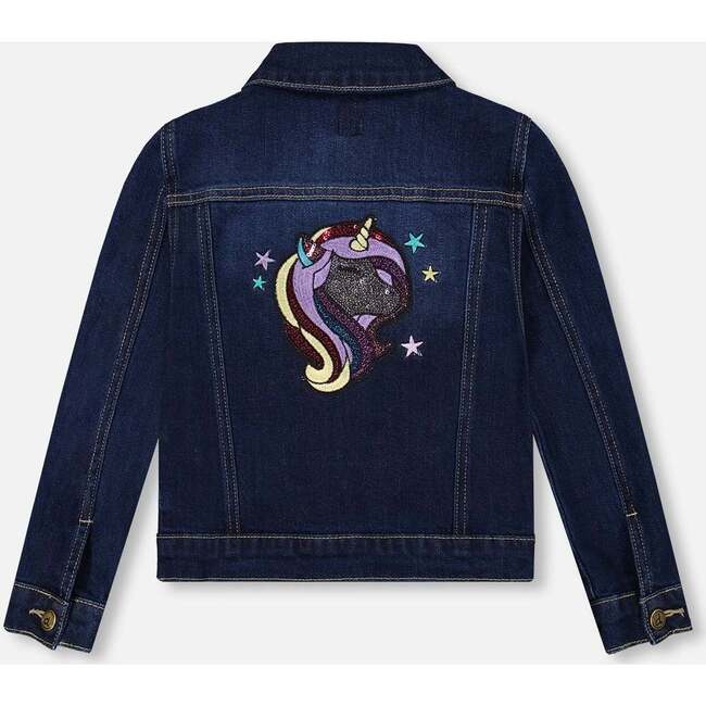 Stretch Denim Jacket Dark Blue with Glittery Hearts and Unicorn, Blue Denim - Jackets - 3