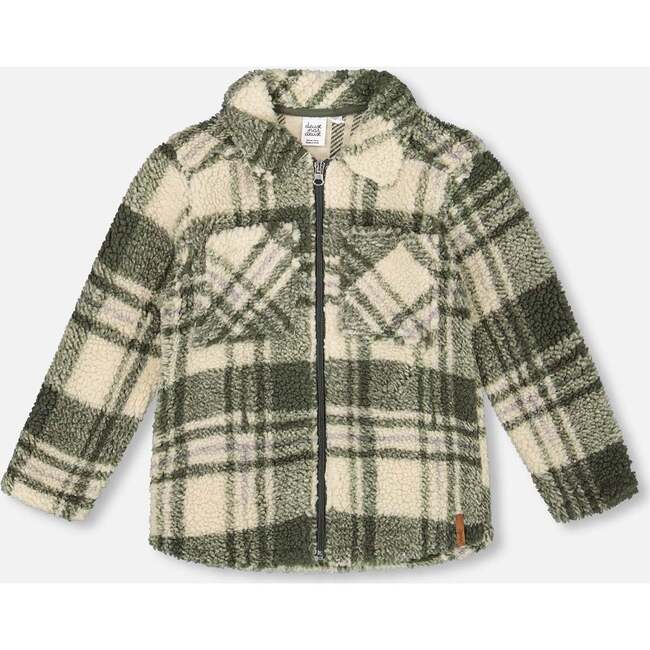 Sherpa Long Sleeve Zip Front Overshirt Sage and Beige Plaid, Sage & Beige Plaid