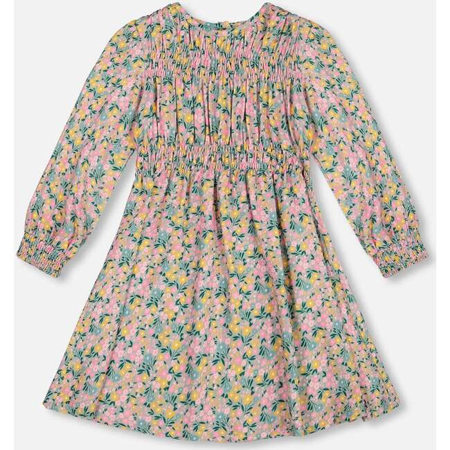 Smocked Viscose Dress Green with Floral Print, Green Flower Print - Dresses - 4