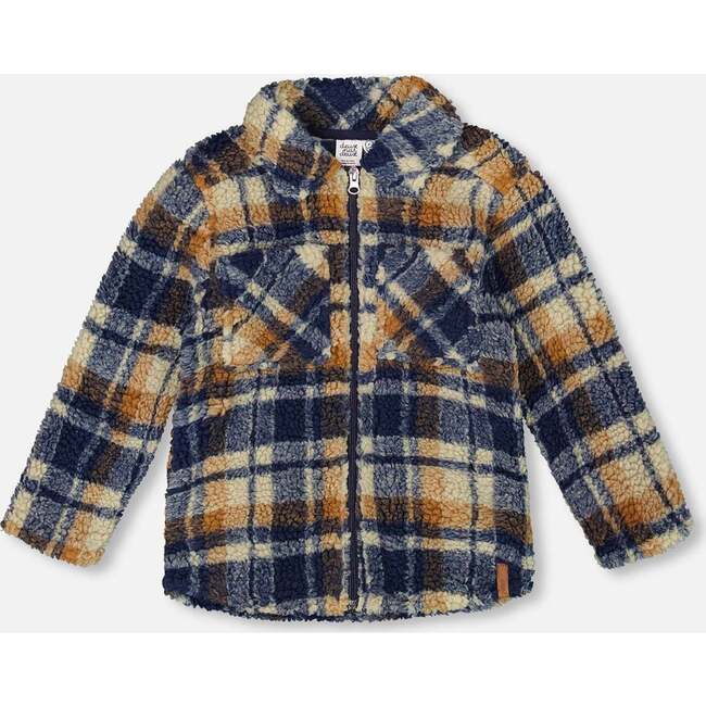 Sherpa Long Sleeve Zip Front Overshirt Blue and Brown Plaid, Blue & Brown Plaid