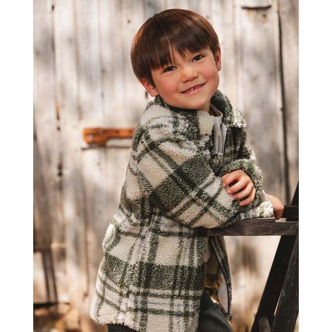 Sherpa Long Sleeve Zip Front Overshirt Sage and Beige Plaid, Sage & Beige Plaid - Jackets - 2