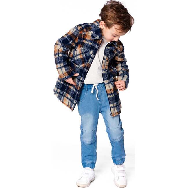 Sherpa Long Sleeve Zip Front Overshirt Blue and Brown Plaid, Blue & Brown Plaid - Jackets - 2