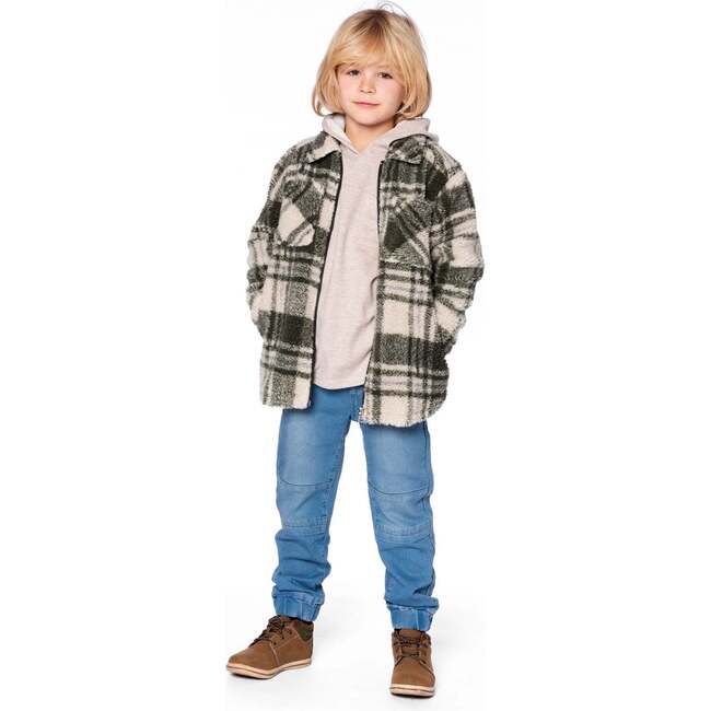 Sherpa Long Sleeve Zip Front Overshirt Sage and Beige Plaid, Sage & Beige Plaid - Jackets - 3