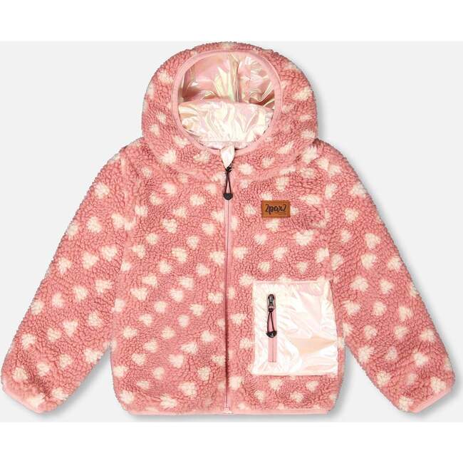 Reversible Mid-Season Sherpa Jacket Pink Heart, Light Pink