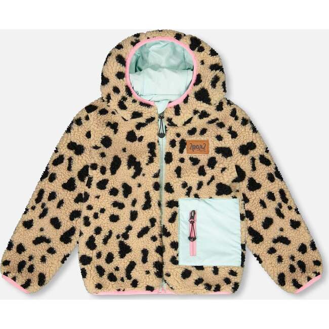 Reversible Mid-Season Sherpa Jacket Leopard, Mint Green