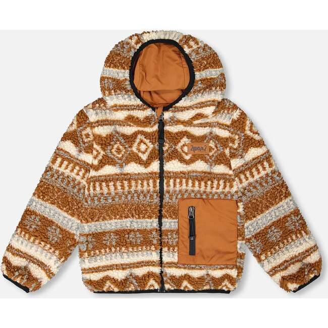 Reversible Mid-Season Sherpa Jacket Brown Aztec Pattern, Brown Pecan