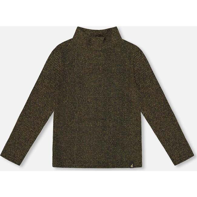 Shiny Rib Mock Neck Top, Black and Gold