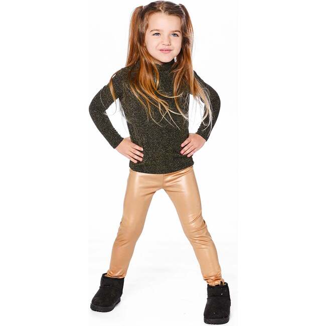 Shiny Rib Mock Neck Top, Black and Gold - Shirts - 2