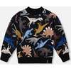 Pullover Fleece Sweatshirt, Black Dinosaur Print - Sweatshirts - 1 - thumbnail