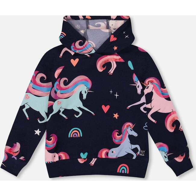 Pullover Fleece Hoodie, Navy Unicorn Print