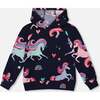 Pullover Fleece Hoodie, Navy Unicorn Print - Sweatshirts - 1 - thumbnail