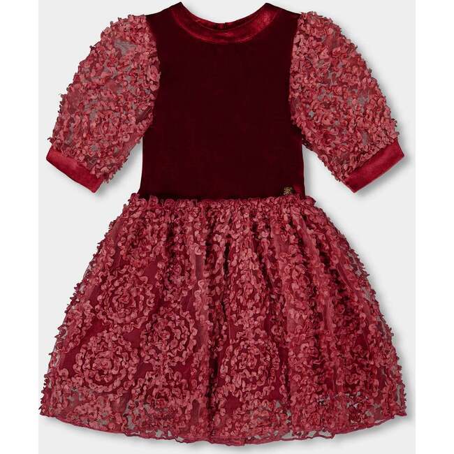 Puff Sleeve Bi-Material Velour and Lace Dress Red, Red