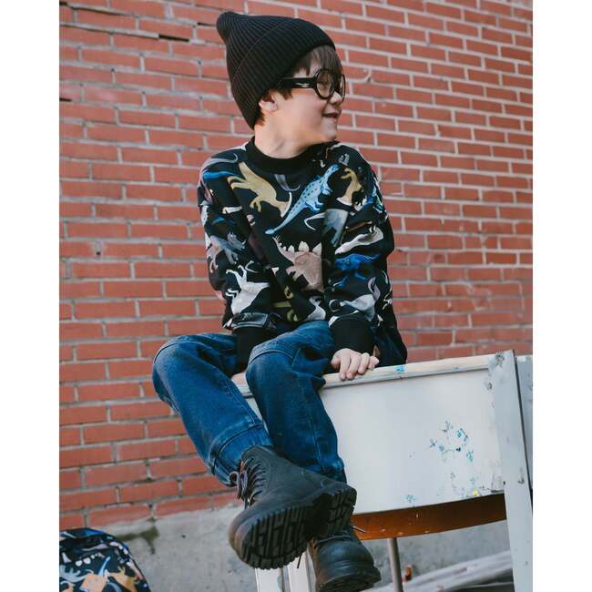 Pullover Fleece Sweatshirt, Black Dinosaur Print - Sweatshirts - 2