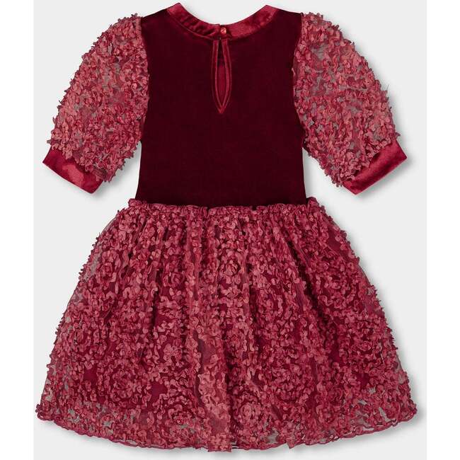 Puff Sleeve Bi-Material Velour and Lace Dress Red, Red - Dresses - 2