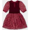 Puff Sleeve Bi-Material Velour and Lace Dress Red, Red - Dresses - 2