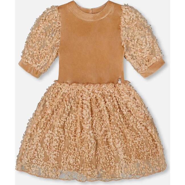 Puff Sleeve Bi-Material Velour and Lace Dress, Light Caramel