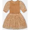 Puff Sleeve Bi-Material Velour and Lace Dress, Light Caramel - Dresses - 1 - thumbnail